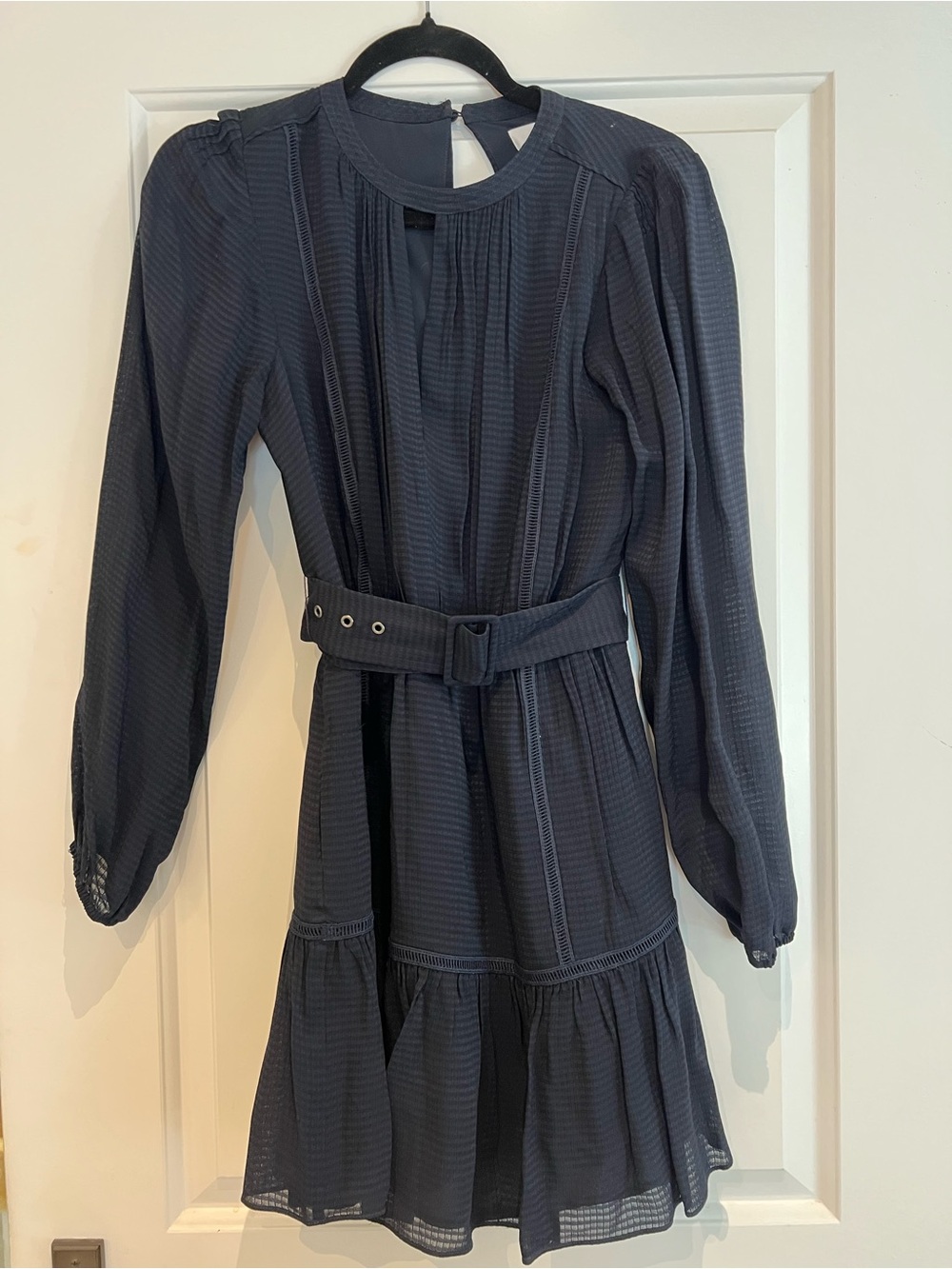 Reiss Charcoal Navy Long Sleeve Belted Tiered Mini Dress